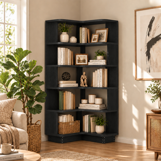 6-Shelf Corner Bookshelf, L-Shaped Tall Corner Shelf with Baffle, 90 Degree