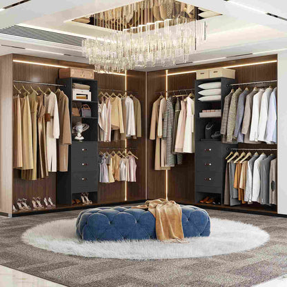 8FT Closet Organizer System with 3 Hanging Rods, 96'' Closet Organizers and Storage with 3 Wooden Drawers