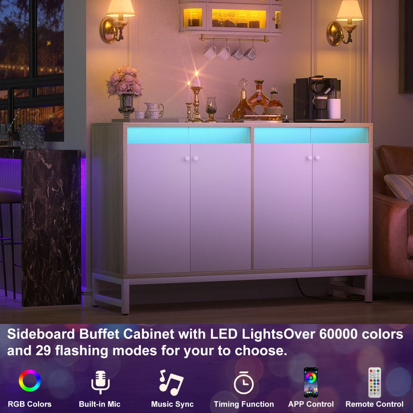 Storage Buffet Cabinet with Adjustable Shelves, Coffee Bar with Charging Station, LED Light