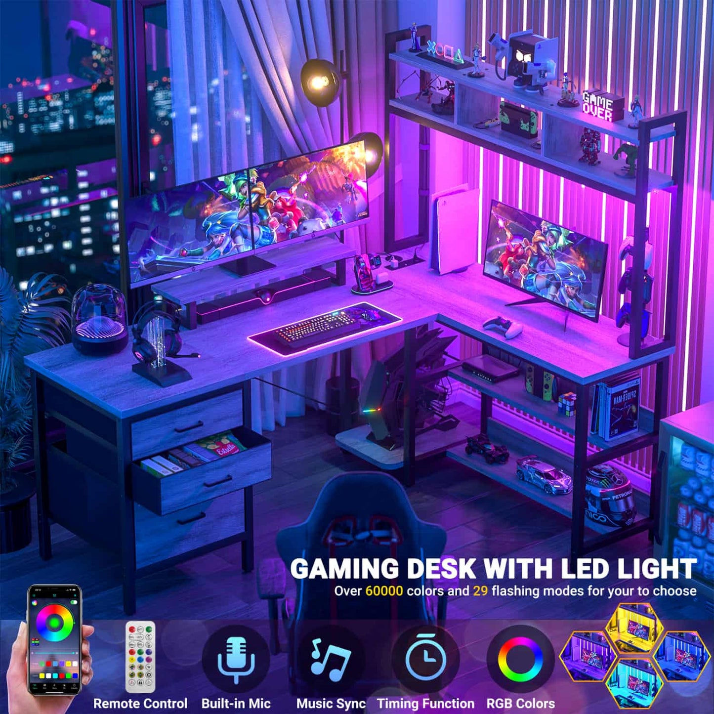 L Shaped Computer Desk with Hutch, Power Outlets, LED Lights & Storage Drawers