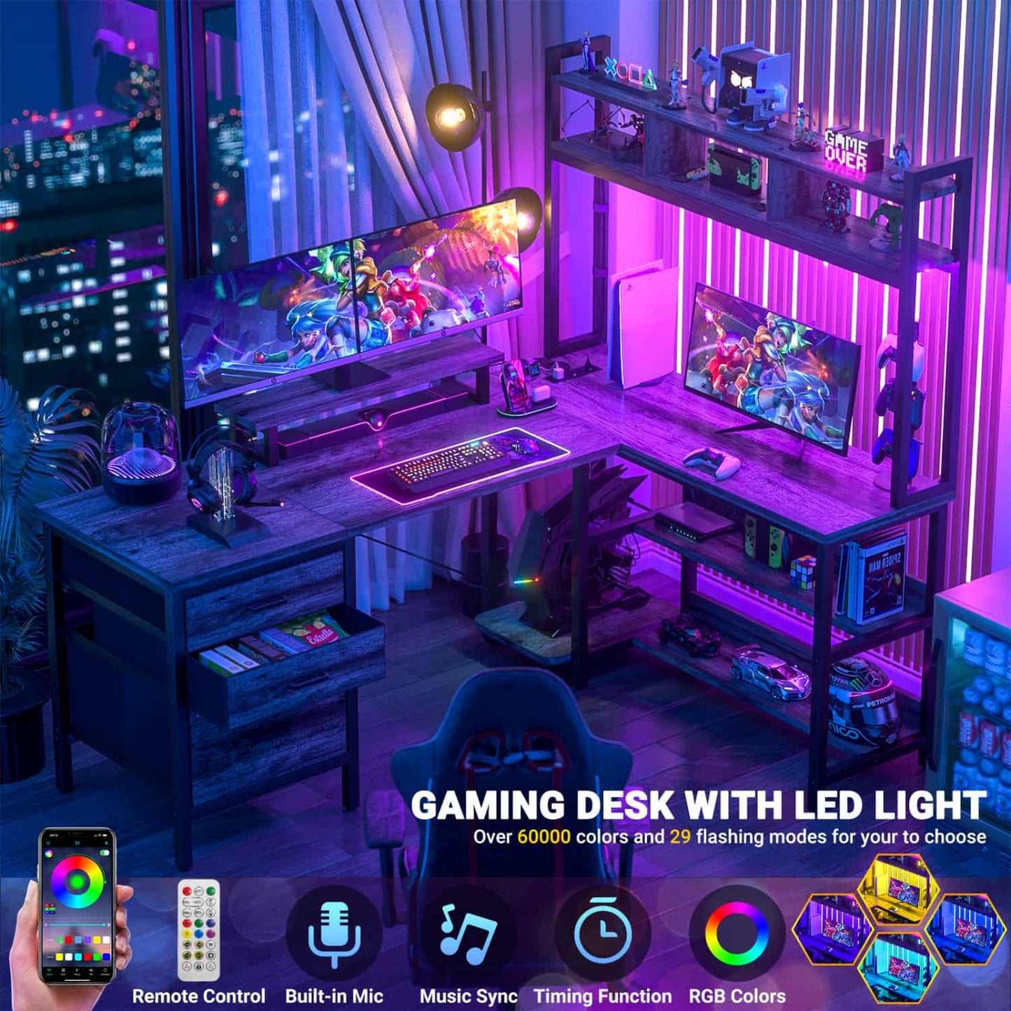 L Shaped Computer Desk with Hutch, Power Outlets, LED Lights & Storage Drawers