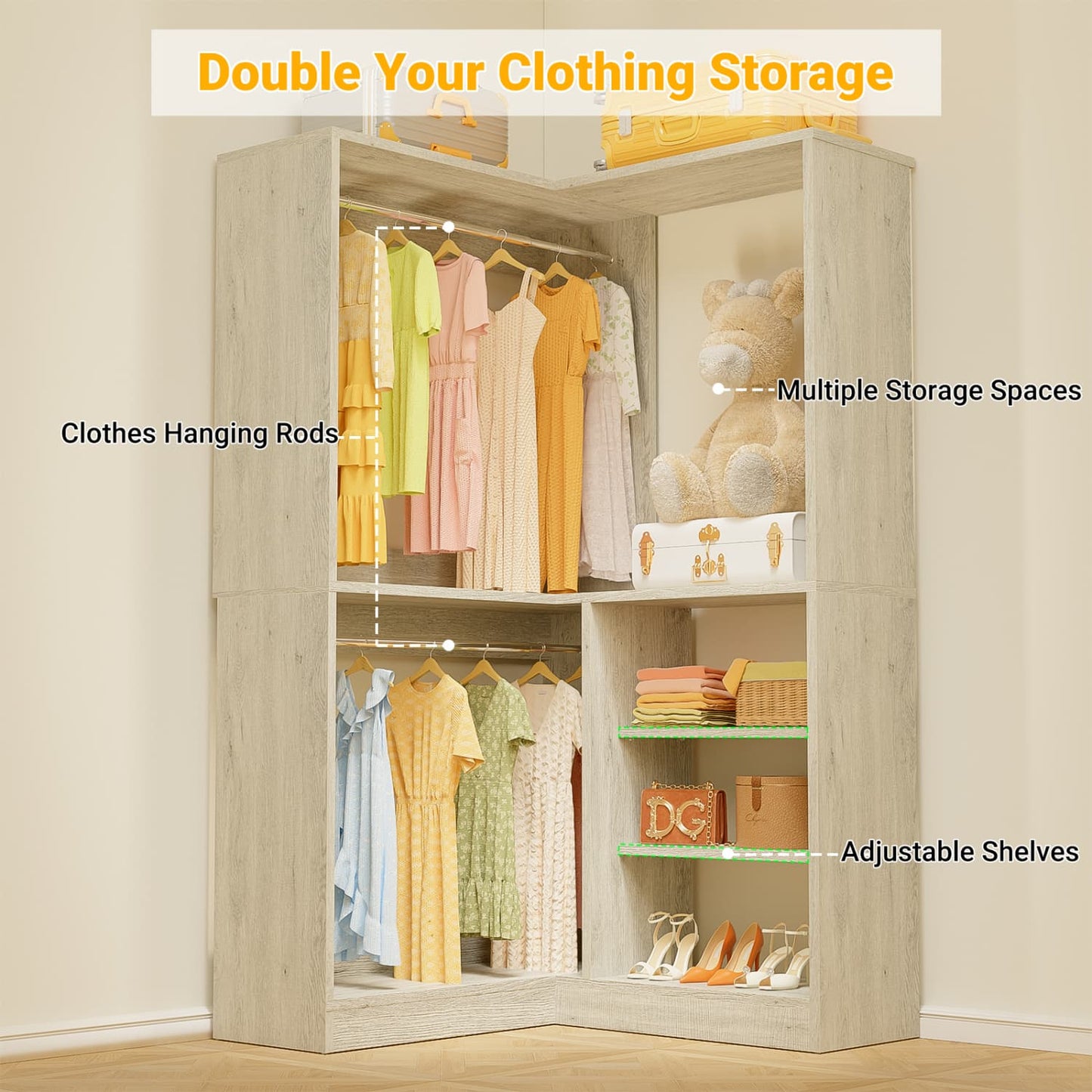 Corner Closet System with Shelf, Freestanding Closet Organizer with 2 Hanging Rods