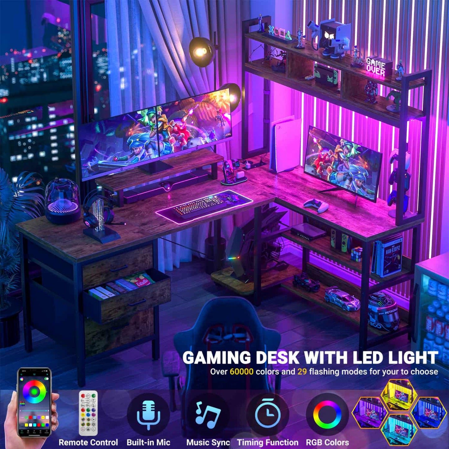 L Shaped Computer Desk with Hutch, Power Outlets, LED Lights & Storage Drawers