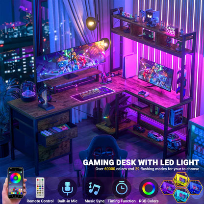 L Shaped Computer Desk with Hutch, Power Outlets, LED Lights & Storage Drawers