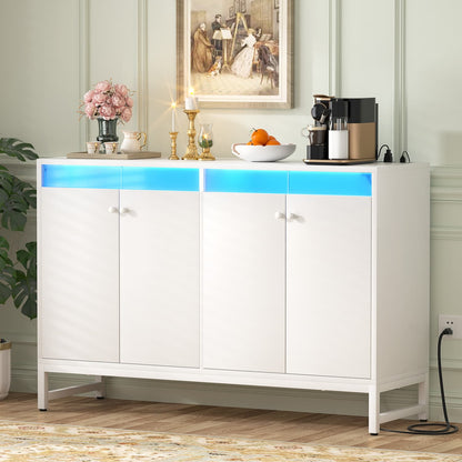 Storage Buffet Cabinet with Adjustable Shelves, Coffee Bar with Charging Station, LED Light