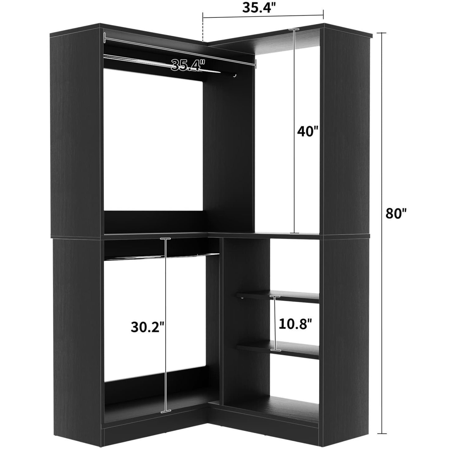 Corner Closet System with Shelf, Freestanding Closet Organizer with 2 Hanging Rods