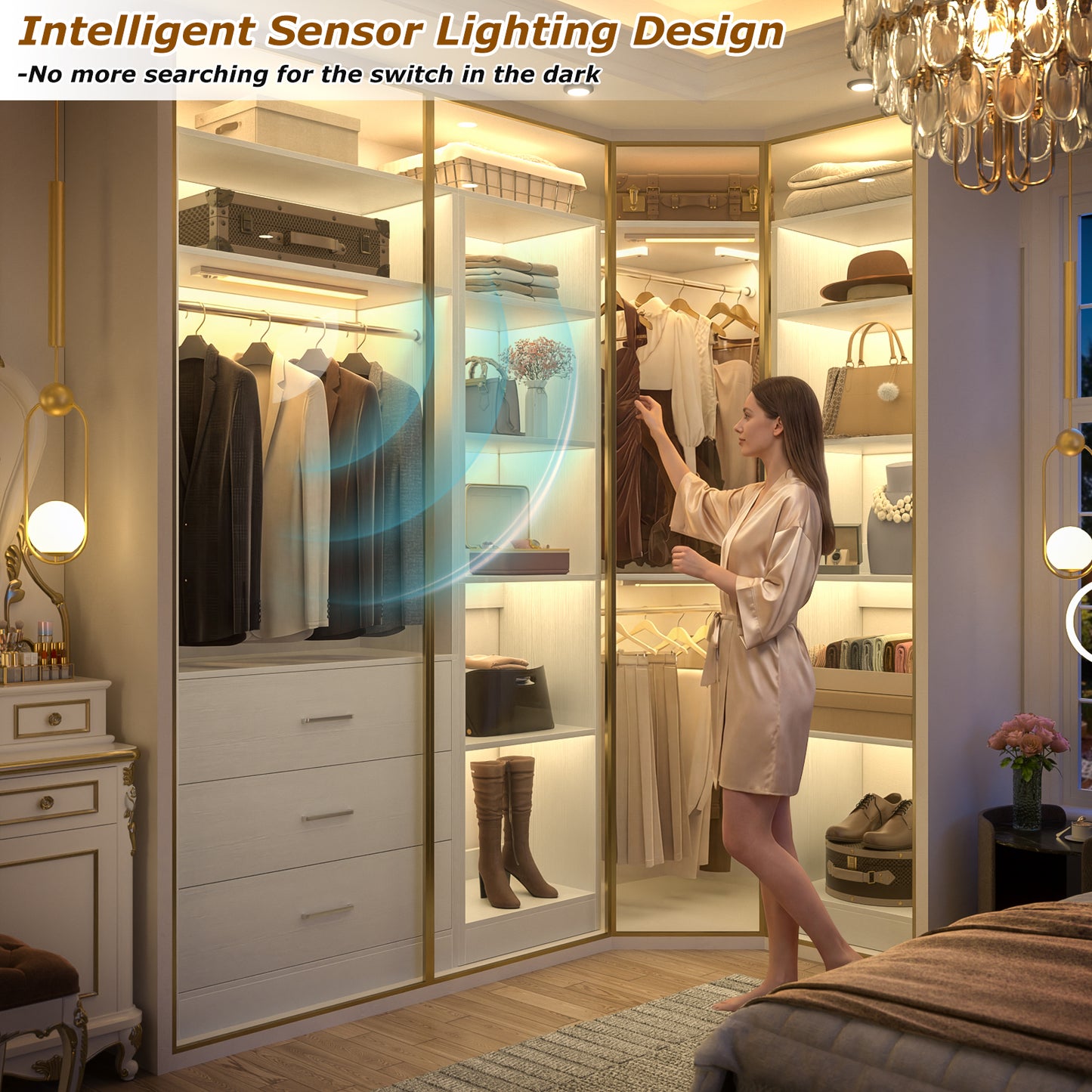 Corner Closet System with 2 Sensor Lights, Corner Closet Organizer with 3 Drawers, 13 Shelves & 3 Hanging Rods