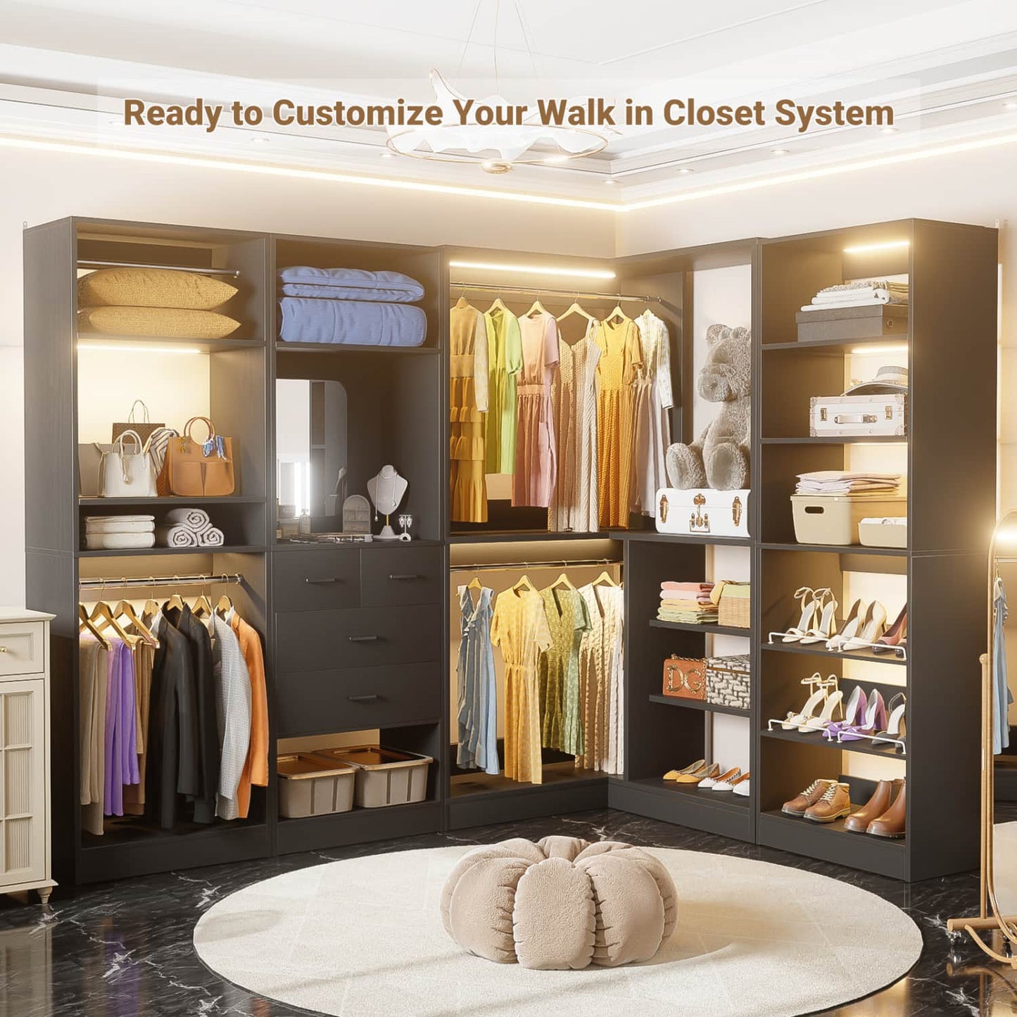 Corner Closet System with Shelf, Freestanding Closet Organizer with 2 Hanging Rods
