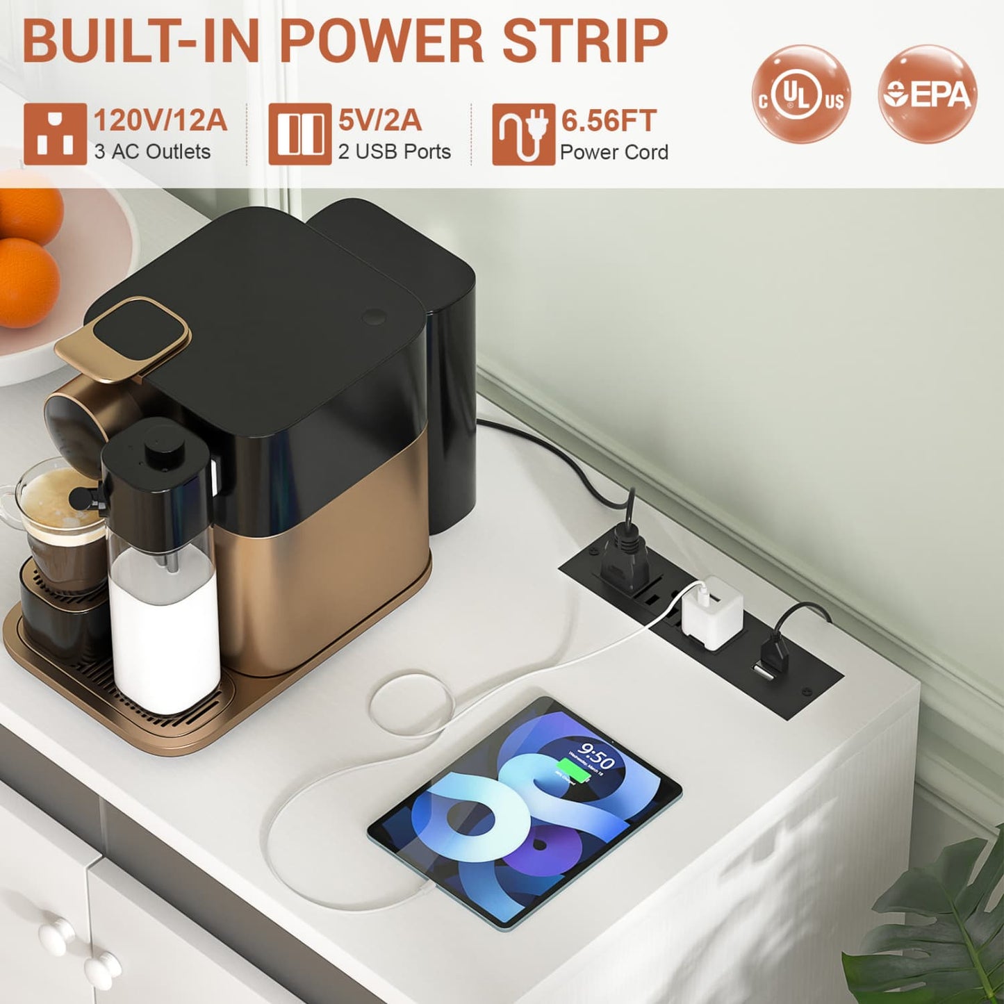 Storage Buffet Cabinet with Adjustable Shelves, Coffee Bar with Charging Station, LED Light