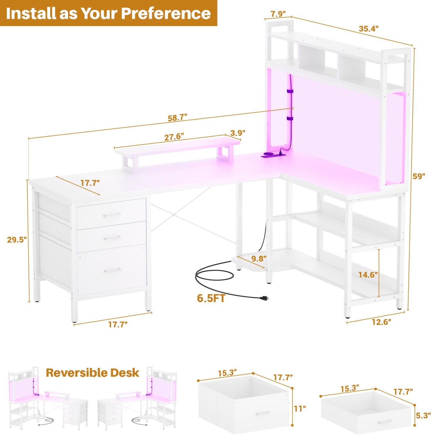 L Shaped Computer Desk with Hutch, Power Outlets, LED Lights & Storage Drawers