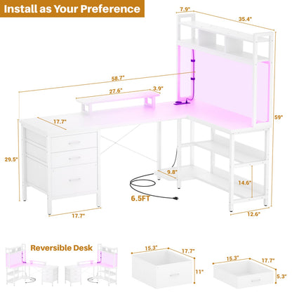 L Shaped Computer Desk with Hutch, Power Outlets, LED Lights & Storage Drawers