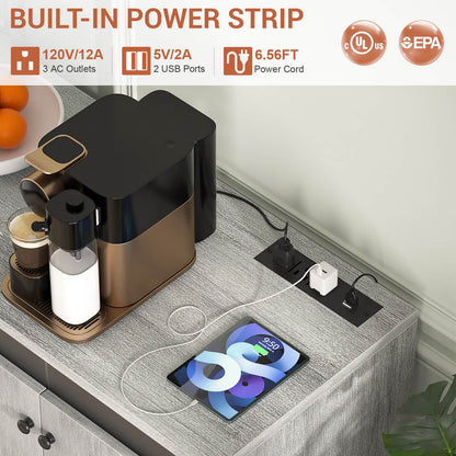 Storage Buffet Cabinet with Adjustable Shelves, Coffee Bar with Charging Station, LED Light