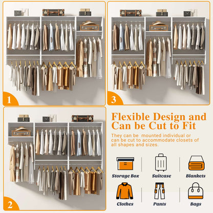 95" Closet Organizer with 5 Hanging Rods, Wall Mounted Clothes Hanging Rack for Organization