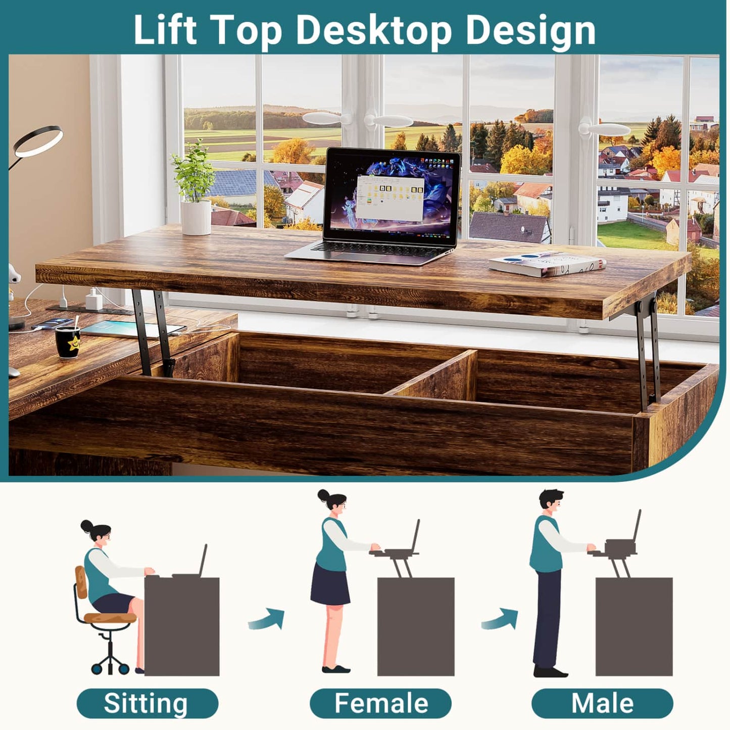56" Lift Top Computer Desk with Drawers and Power Outlets, Lift Top