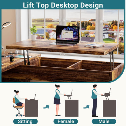 56" Lift Top Computer Desk with Drawers and Power Outlets, Lift Top