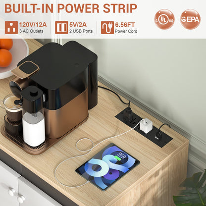 Storage Buffet Cabinet with Adjustable Shelves, Coffee Bar with Charging Station, LED Light