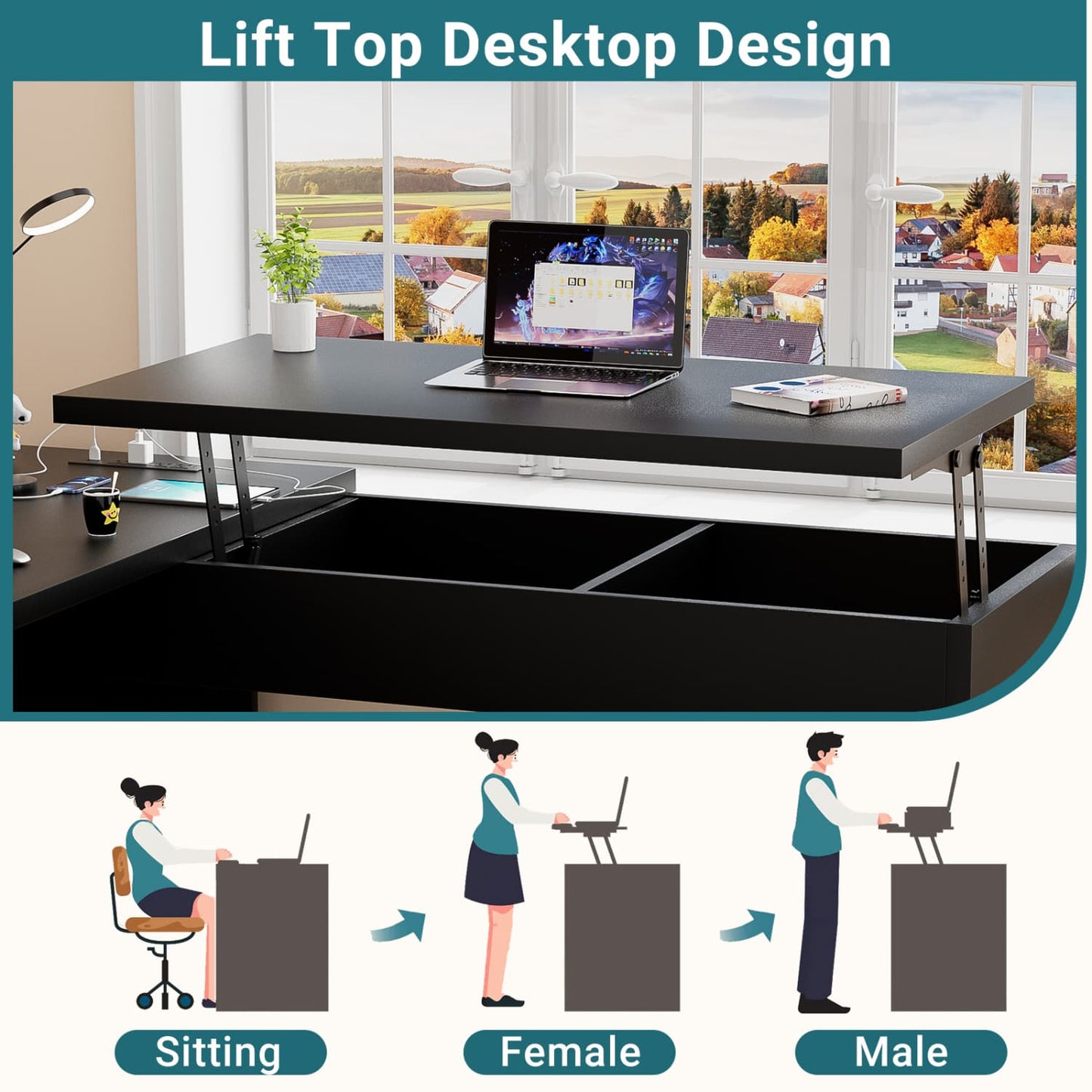 56" Lift Top Computer Desk with Drawers and Power Outlets, Lift Top