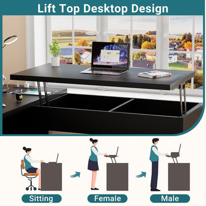 56" Lift Top Computer Desk with Drawers and Power Outlets, Lift Top