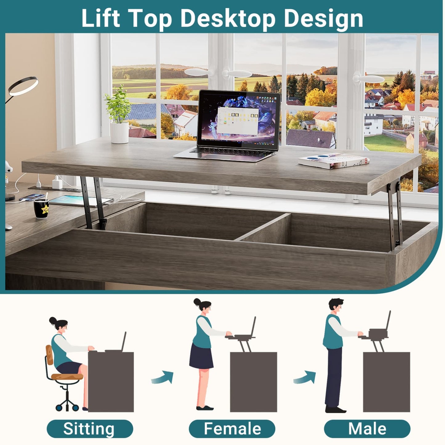 56" Lift Top Computer Desk with Drawers and Power Outlets, Lift Top