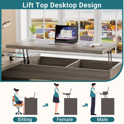 56" Lift Top Computer Desk with Drawers and Power Outlets, Lift Top