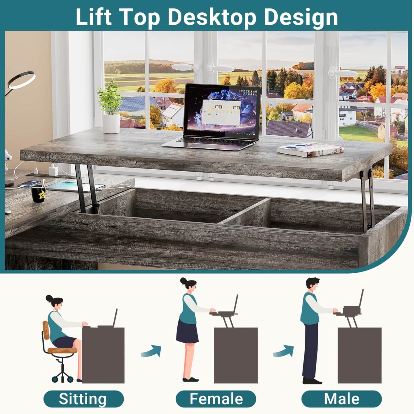 56" Lift Top Computer Desk with Drawers and Power Outlets, Lift Top