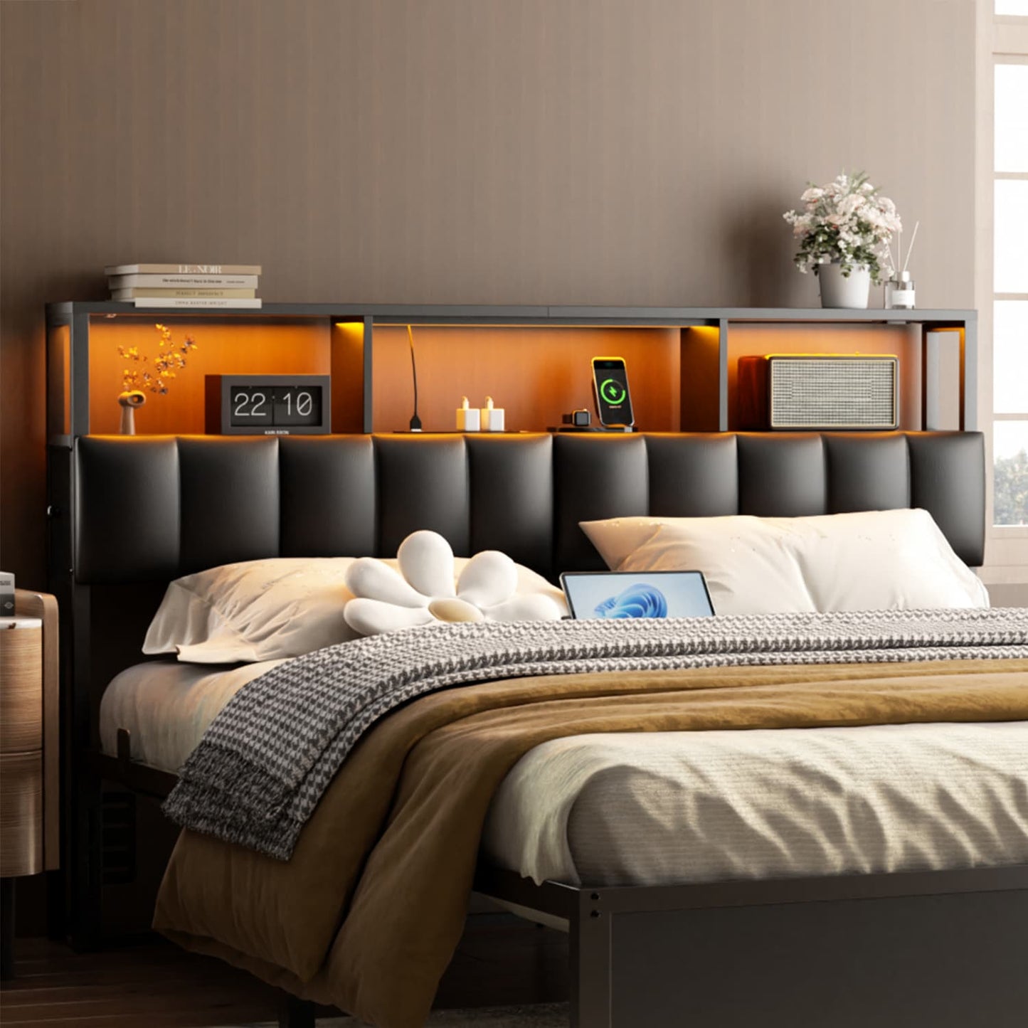 King Upholstered Headboard with Storage Bags