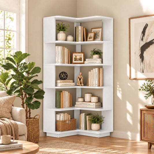 6-Shelf Corner Bookshelf, L-Shaped Tall Corner Shelf with Baffle, 90 Degree