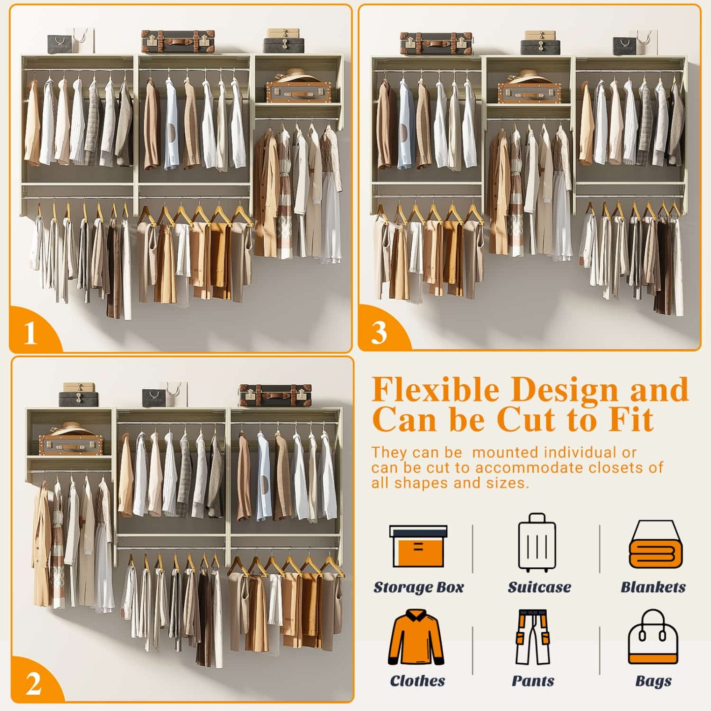 95" Closet Organizer with 5 Hanging Rods, Wall Mounted Clothes Hanging Rack for Organization