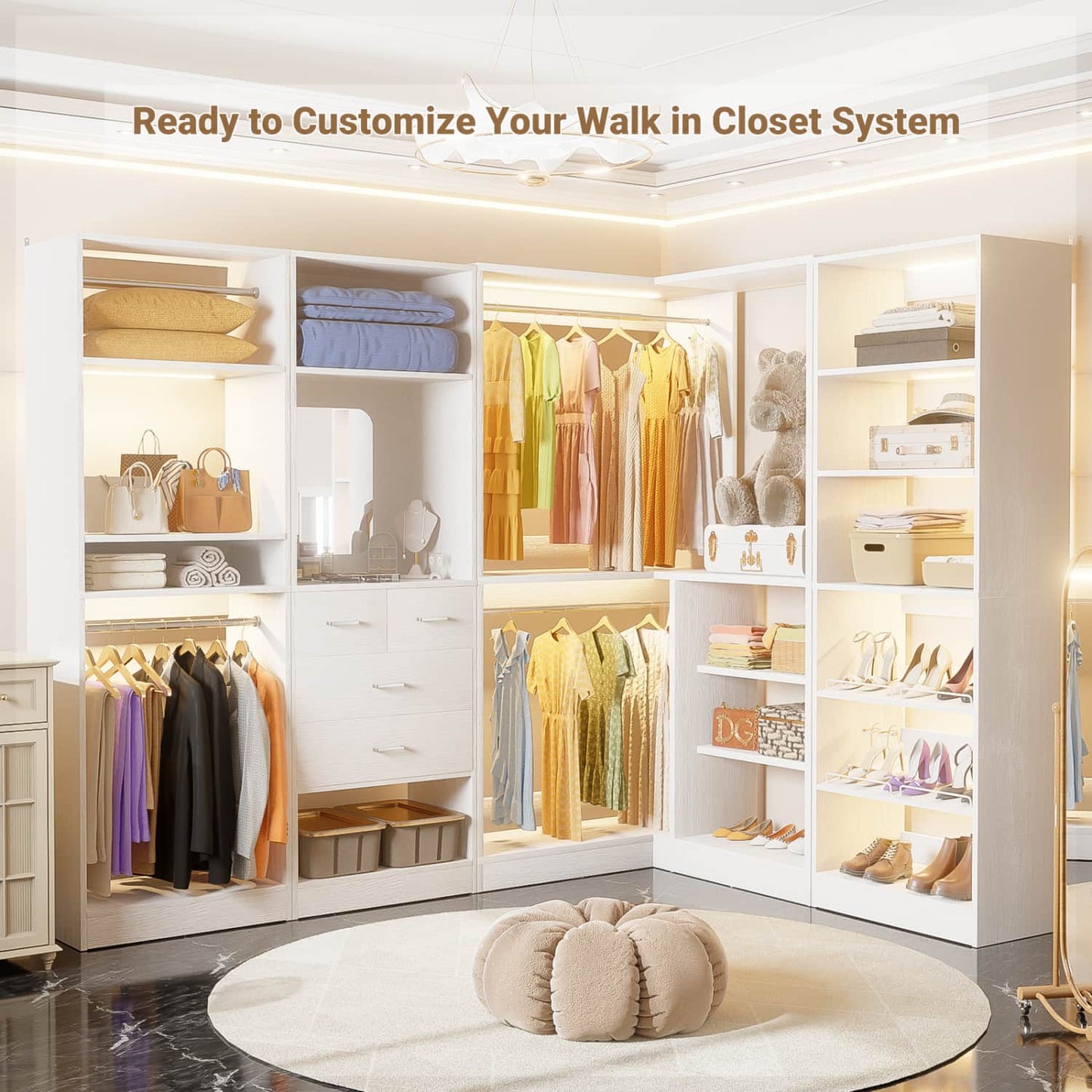 Corner Closet System with Shelf, Freestanding Closet Organizer with 2 Hanging Rods