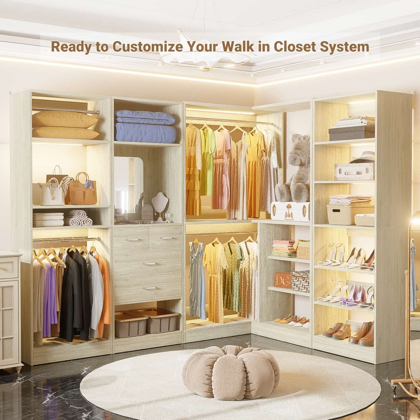 Corner Closet System with Shelf, Freestanding Closet Organizer with 2 Hanging Rods