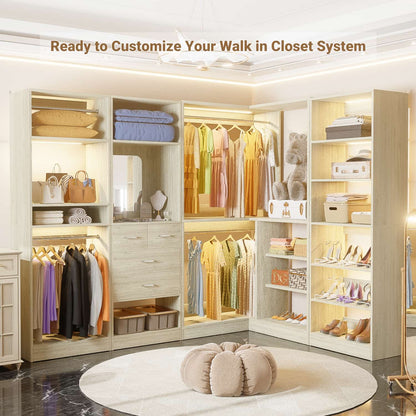 Corner Closet System with Shelf, Freestanding Closet Organizer with 2 Hanging Rods