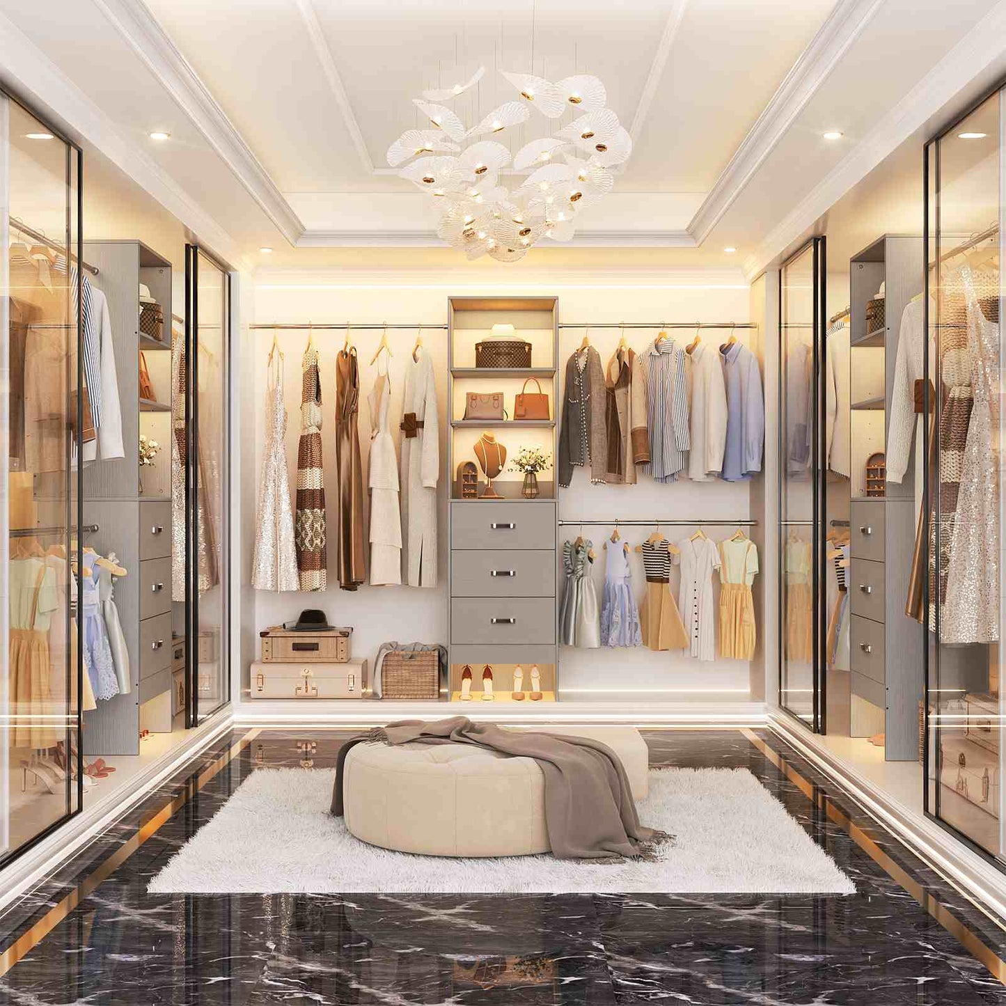 8FT Closet Organizer System with 3 Hanging Rods, 96'' Closet Organizers and Storage with 3 Wooden Drawers