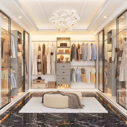 8FT Closet Organizer System with 3 Hanging Rods, 96'' Closet Organizers and Storage with 3 Wooden Drawers