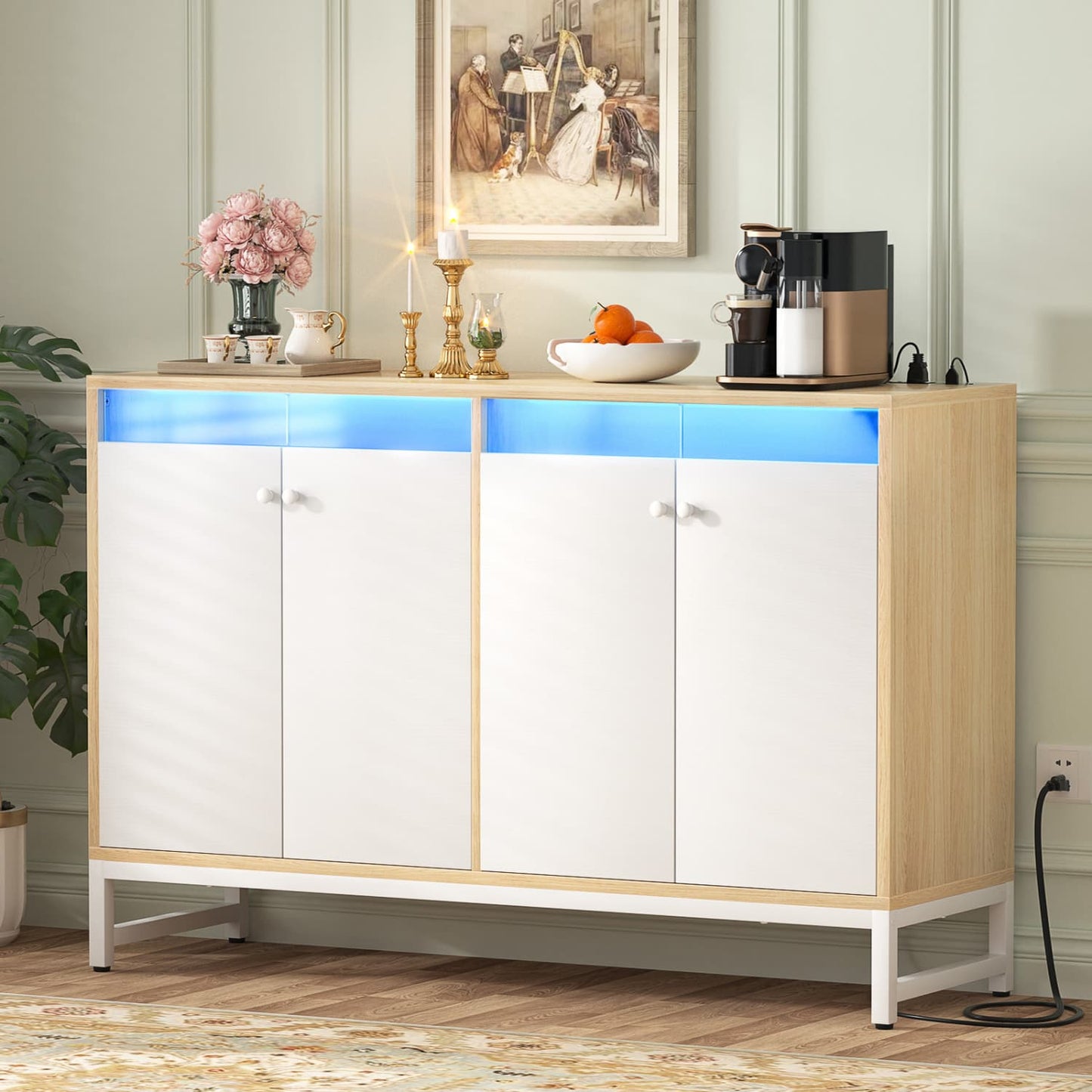 Storage Buffet Cabinet with Adjustable Shelves, Coffee Bar with Charging Station, LED Light
