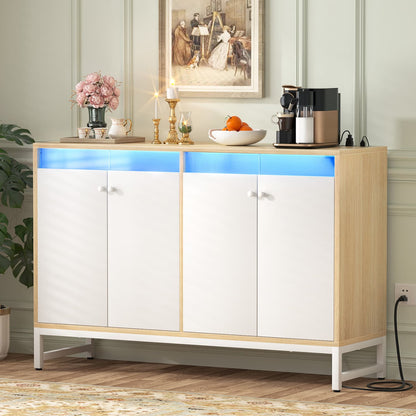 Storage Buffet Cabinet with Adjustable Shelves, Coffee Bar with Charging Station, LED Light