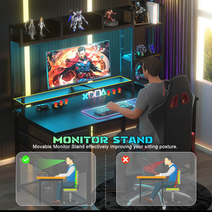 Computer Desk with LED Light, Power Outlet, Farbric Drawers