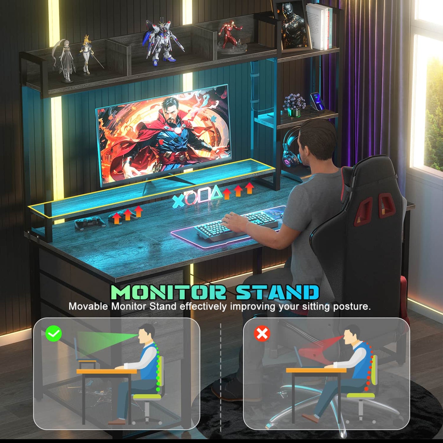 Computer Desk with LED Light, Power Outlet, Farbric Drawers