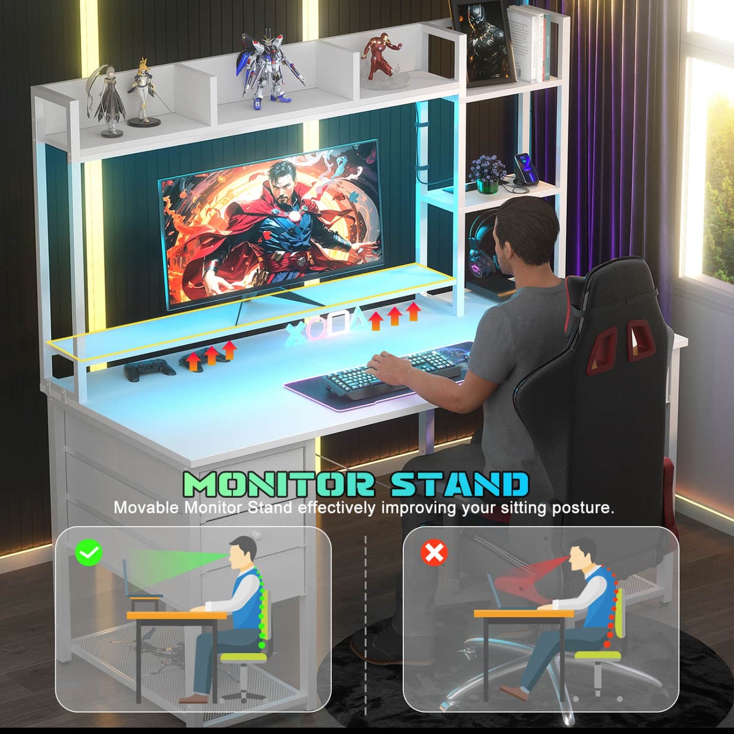 Computer Desk with LED Light, Power Outlet, Farbric Drawers