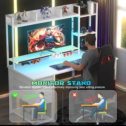 Computer Desk with LED Light, Power Outlet, Farbric Drawers