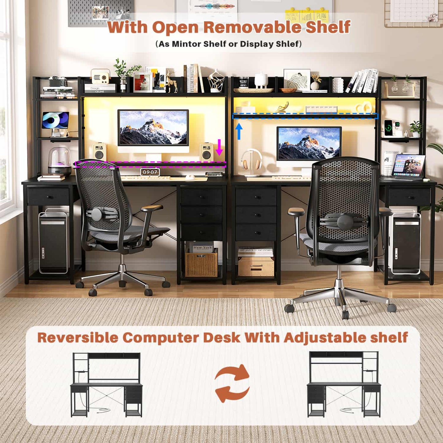 Computer Desk with LED Light, Power Outlet, Farbric Drawers