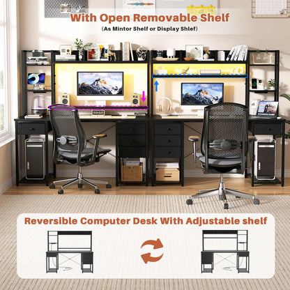 Computer Desk with LED Light, Power Outlet, Farbric Drawers