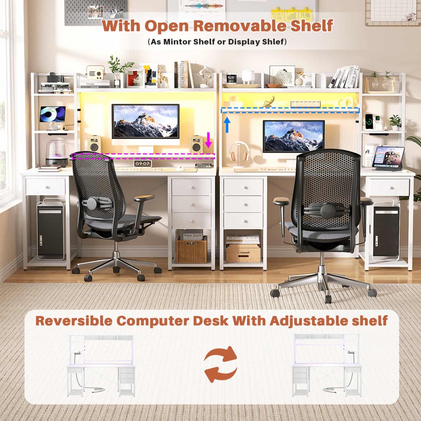 Computer Desk with LED Light, Power Outlet, Farbric Drawers