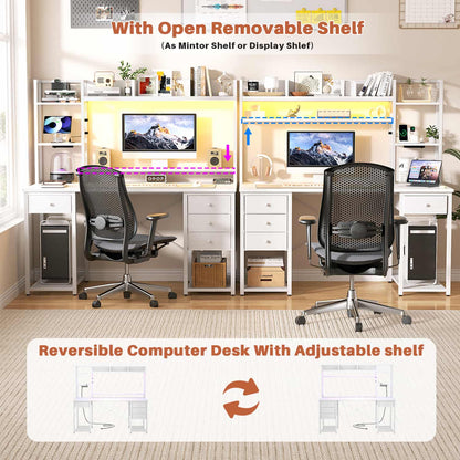 Computer Desk with LED Light, Power Outlet, Farbric Drawers