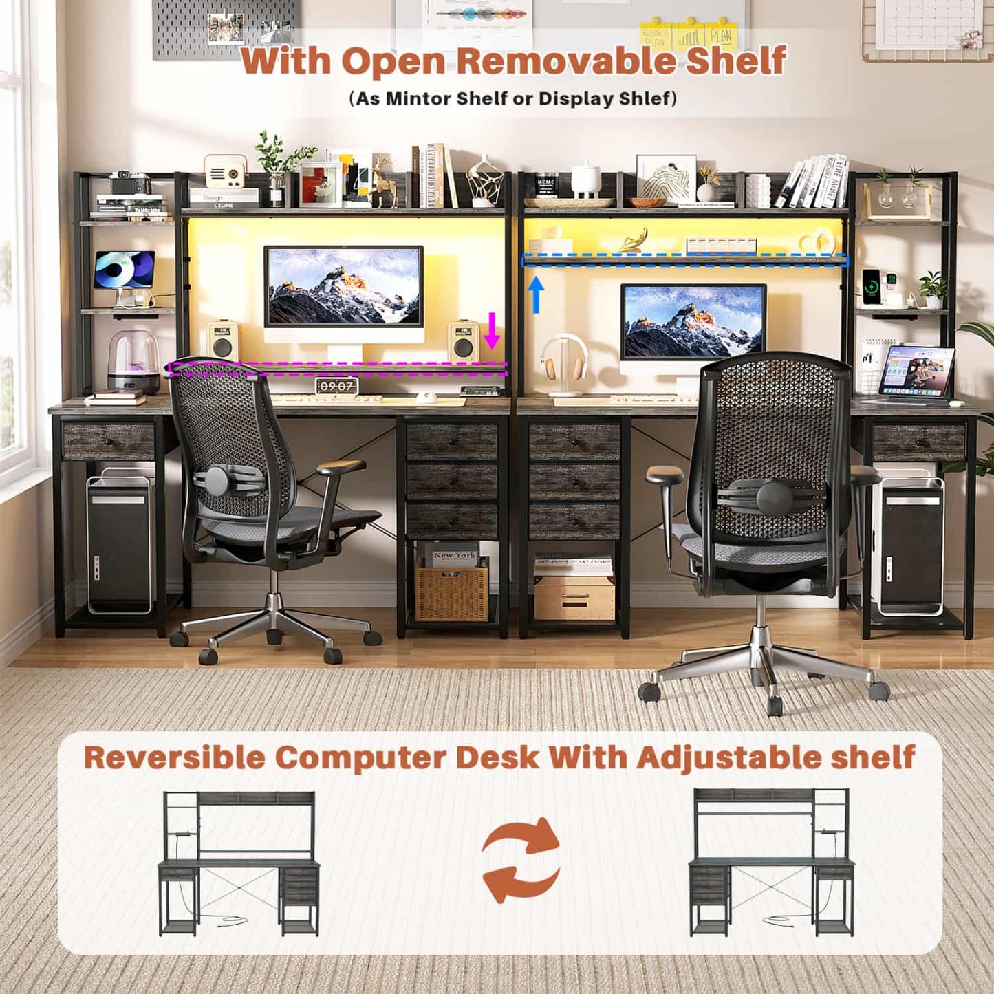 Computer Desk with LED Light, Power Outlet, Farbric Drawers