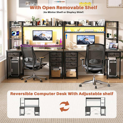 Computer Desk with LED Light, Power Outlet, Farbric Drawers