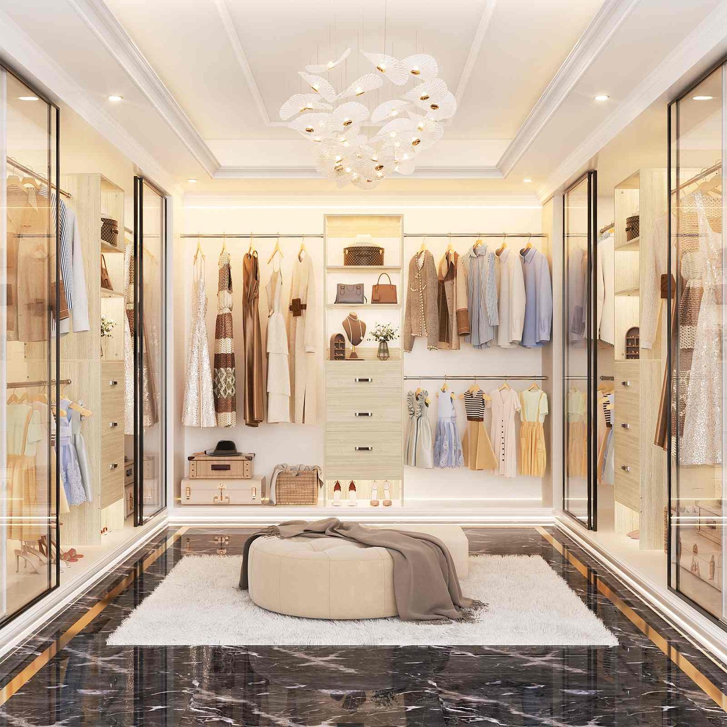 8FT Closet Organizer System with 3 Hanging Rods, 96'' Closet Organizers and Storage with 3 Wooden Drawers