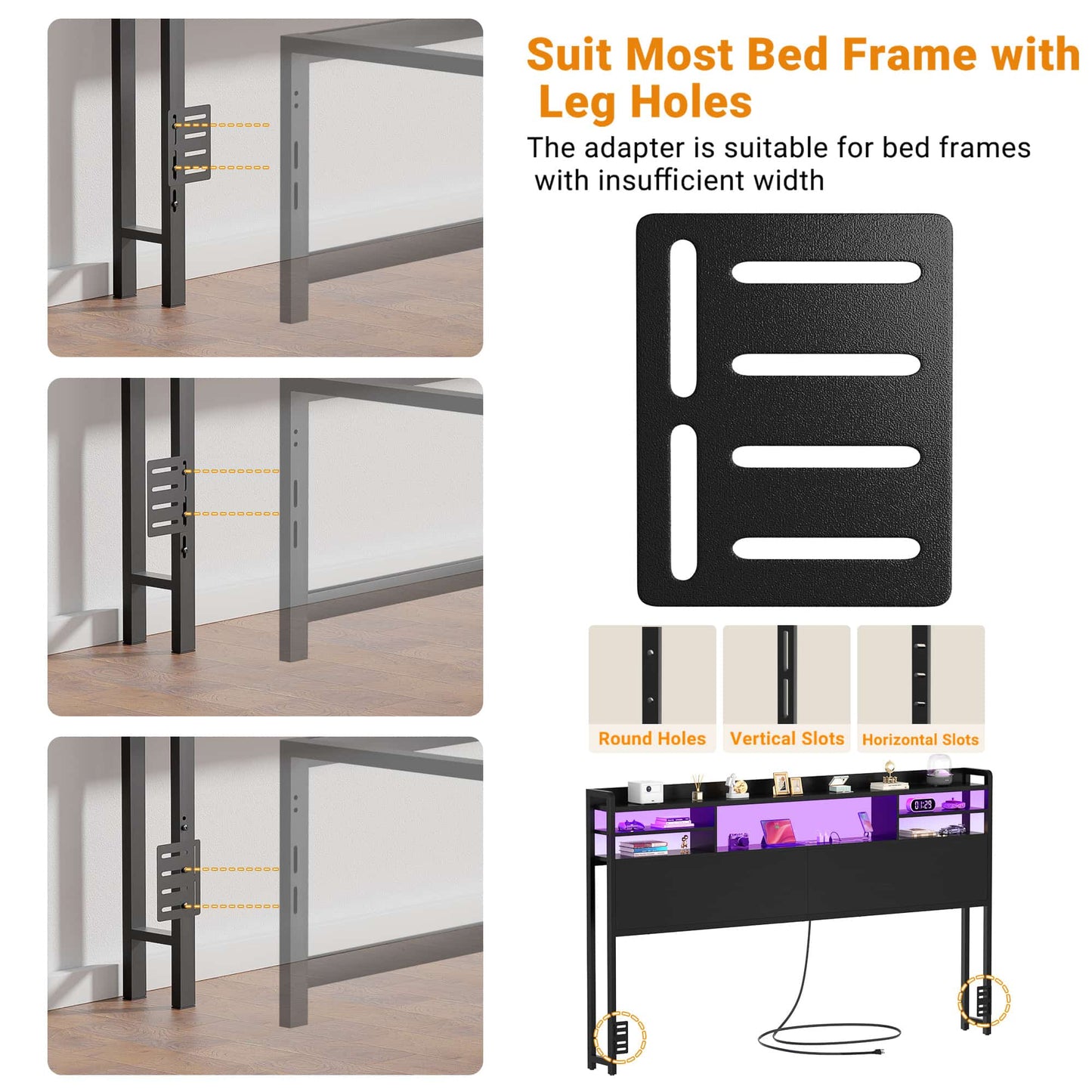 King Headboard with Storage shelves and Charging Station, Wood Headboard with LED Light