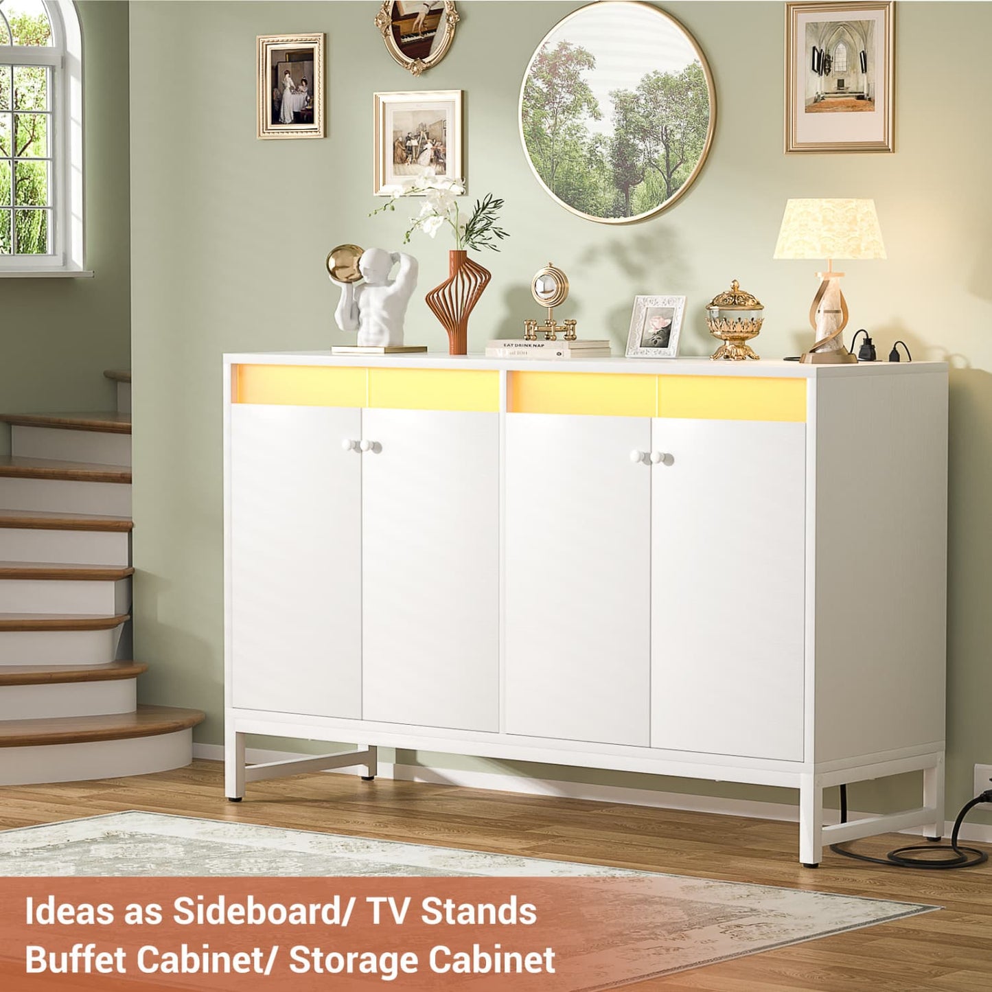 Storage Buffet Cabinet with Adjustable Shelves, Coffee Bar with Charging Station, LED Light