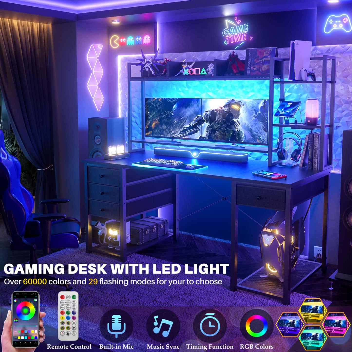 Computer Desk with LED Light, Power Outlet, Farbric Drawers