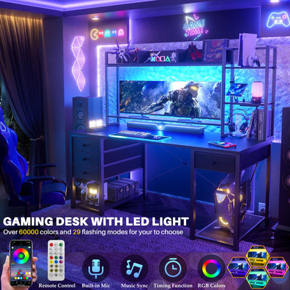 Computer Desk with LED Light, Power Outlet, Farbric Drawers